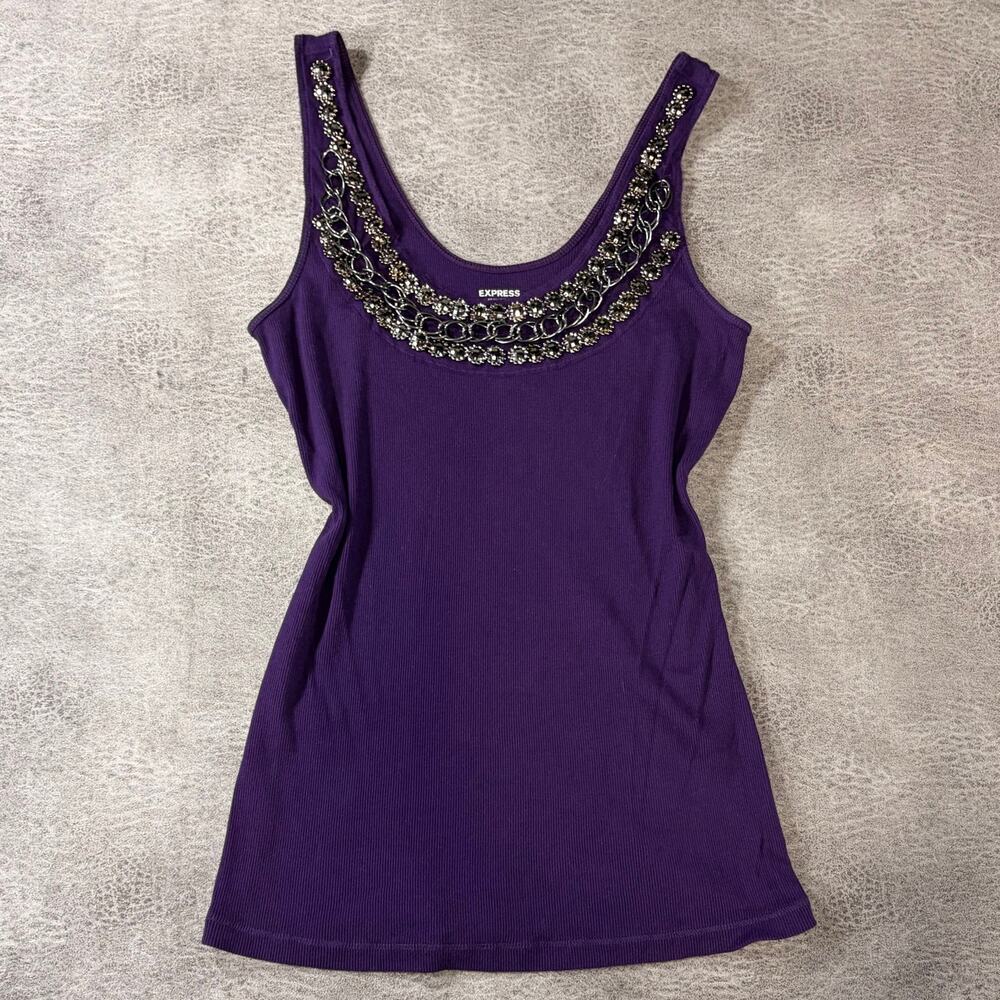 Purple Ribbed Embellished Chain Tank Top